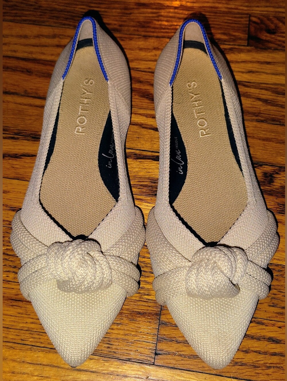 Rothy's Beige Pointed Knot Flats with Blue Trim